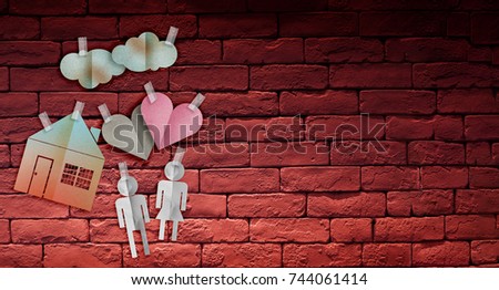 Old rustic brick wall texture background WITH HOME CPNCEPT PAPER SHAPT CUT WITH FREE COPY SPACE FOR YOUR CREATIVITY IDEAS TEXT