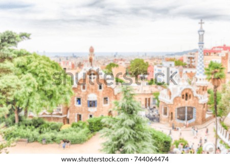 Defocused background with Park Guell, Barcelona, Catalonia, Spain. Intentionally blurred post production for bokeh effect