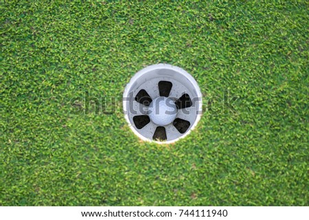 Close up golf ball in the hole in golf course