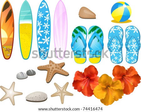 Design elements with flip flops, surfboards, hibiscus flower and other beach related objects