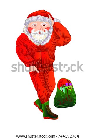 Vector illustration of Santa Claus posing in red skiing suit with sack of gift boxes. Christmas, New year, holiday, celebration, vacation, fashion concepts
