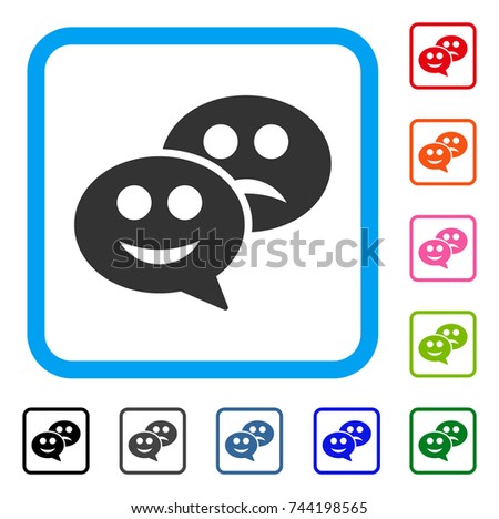 Emotion Chat Messages icon. Flat gray pictogram symbol inside a blue rounded rectangle. Black, gray, green, blue, red, orange color variants of Emotion Chat Messages vector.