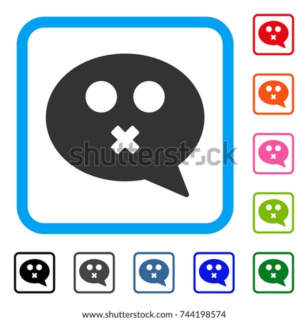 Mute Smiley Message icon. Flat grey iconic symbol in a blue rounded square. Black, gray, green, blue, red, orange color variants of Mute Smiley Message vector. Designed for web and software UI.
