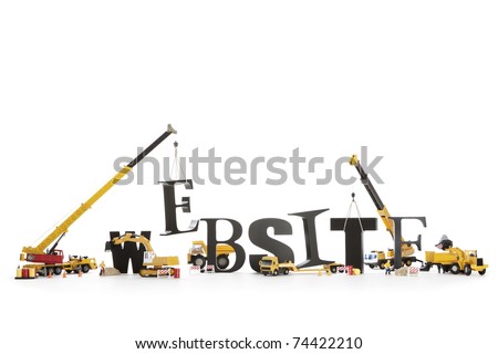 Black wooden alphabetic letters set showing "WEBSITE" being set up by group of construction machines and workers symbolizing "Website under construction".