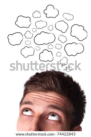 Young man with Speech Bubbles over his head, isolated on white background