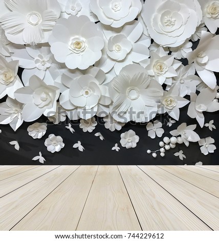 Perspective View of Wooden Panel with Beautiful Group Variety Style Handmade Quilling White Floral Pattern made from Paper on Black Fabric Wall Background as Template for Interior Vintage Style