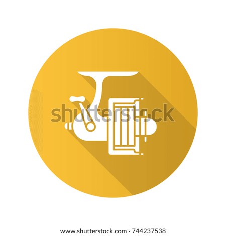 Spinning reel flat design long shadow glyph icon. Fishing gear. Vector silhouette illustration