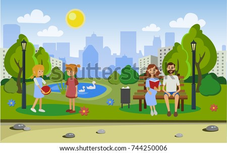 City park with people. Vector illustration.