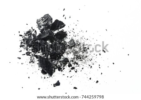 Pile of black coal bars isolated on white background Royalty-Free Stock Photo #744259798