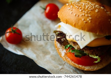 Sandwich hamburger with juicy burgers, cheese and mix of cabbage.