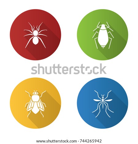 Insects flat design long shadow glyph icons set. Spider, aphid, housefly, mosquito. Vector silhouette illustration