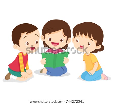 kids reading book,boy and girl sit and read book.Children  listen friend reading a book.