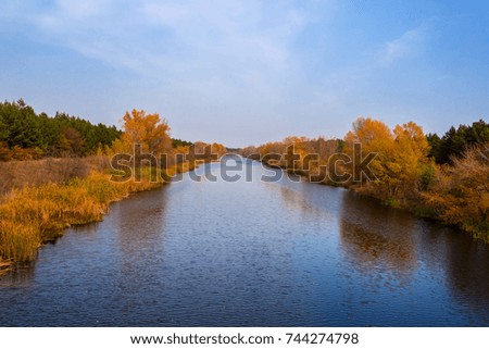 quiet irrigation channel under a blue sky autumn scene