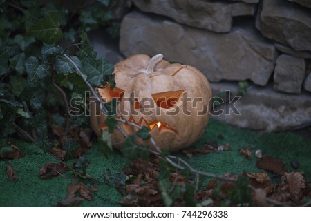 jack-o-lantern on the ground outdoors. Halloween the night