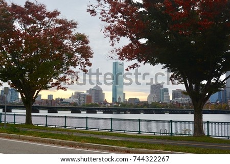 Boston Skyline With Charles River and Fall Trees