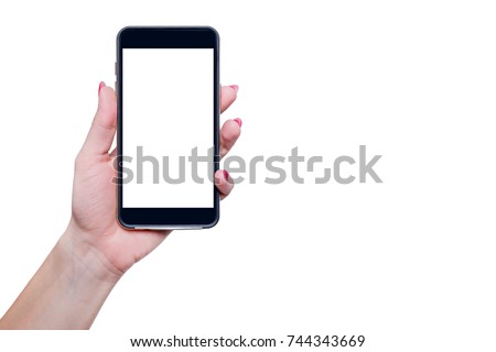 Phone in hand. The female hand holds a blank screen phone on a white background. Refill content on your phone, mobile phone.