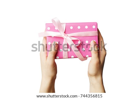 gift in hand isolated on white background, gift box for holiday