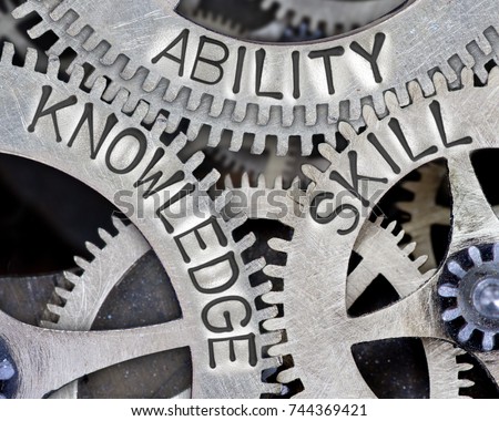 Macro photo of tooth wheel mechanism with ABILITY, SKILL and KNOWLEDGE words imprinted on metal surface Royalty-Free Stock Photo #744369421