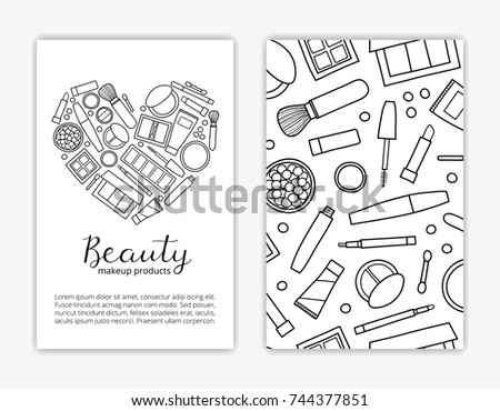Card templates with doodle outline decorative makeup products. Used clipping mask.