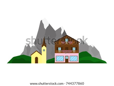 Shop or chalet and church on the landscape with Alpine mountains, green hills in flat style isolated on white background.