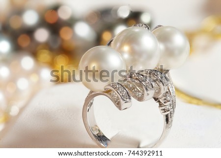 High Value Gems Stone accessories, White three Pearls Diamond Platinum Ring. Studio lighting bokeh background, HDR stacking macro photo