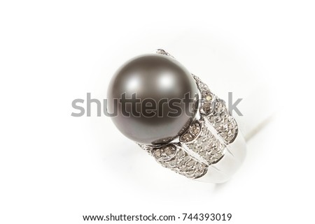 High Value Gems Stone accessories, Big Black Deep Sea Pearl on Diamond around holder Ring,  Studio lighting white background, HDR stacking macro photo