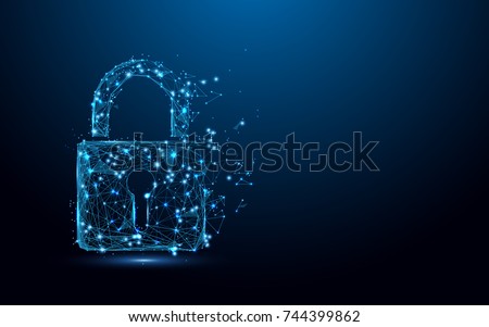Cyber security concept. Lock symbol from lines and triangles, point connecting network on blue background. Illustration vector Royalty-Free Stock Photo #744399862