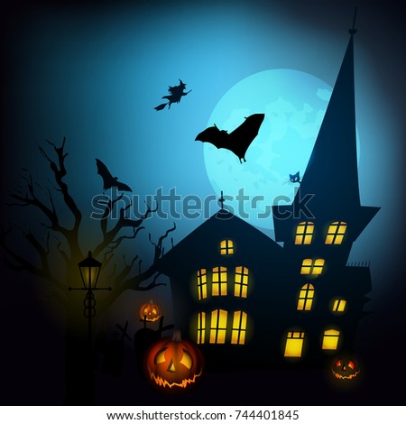 Halloween background with pumpkin, castle, bats witch, and big moon. Vector