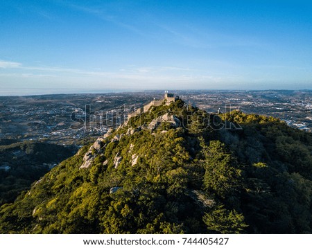 Aerial drone photo - Castle of the Moors in Sintra, just outside of Lisbon Portugal