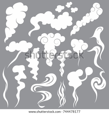 Cartoon White Smoke Fog Effect Set on a Grey Background Ornament Decorative Elements Concept Flat Design Style. Vector illustration