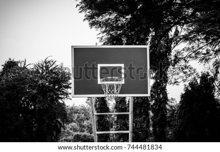 The black and white picture of basketball hoop in the park.