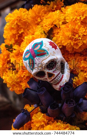 Flower and skeleton altar at Dia de los Muertos, Day of the dead.