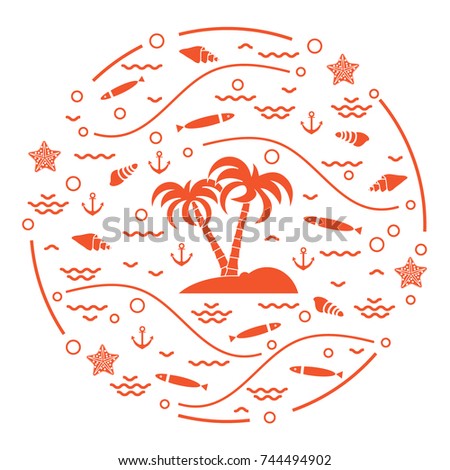 Cute vector illustration with fish, island with palm trees, anchor, waves, seashells, starfish,  arranged in a circle. Design for banner, poster or print.