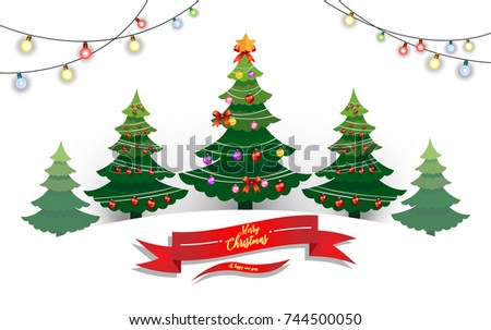 Christmas tree with lights that adorn the tree. there is a red ribbon. design paper art and crafts