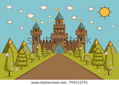Cute cartoon fantasy fairytale castle in a landscape of a rolling hills vector Illustration
