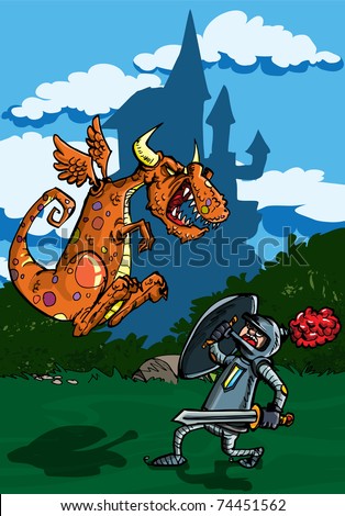 Cartoon of dragon attacking a knight. A castle in the background