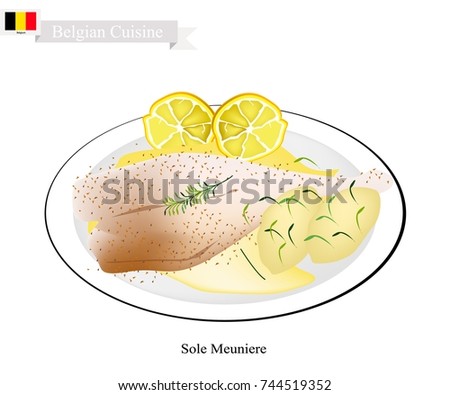 Belgian Cuisine, Illustration of Sole Meuniere or Traditional Sole Fish Fillet Fried in Butter and Served with Butter Sauce, Parsley and Lemon. One of The Most Famous Dish in Belgium.
