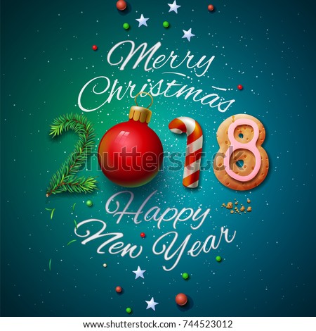 Merry Christmas and Happy New Year 2018 greeting card, vector illustration.