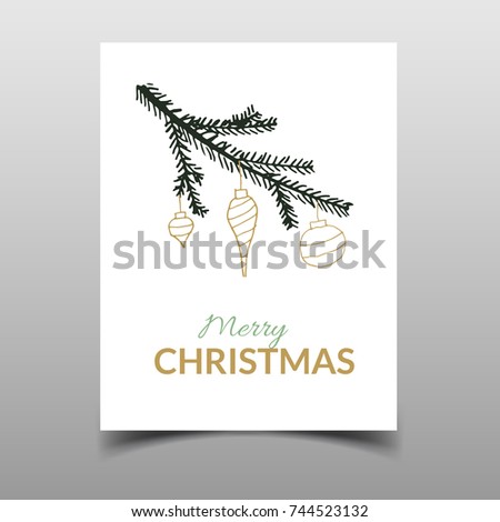 Fir branch with Christmas tree toy vector background. Merry Christmas card. Hand drawing sketch illustration. Doodle design