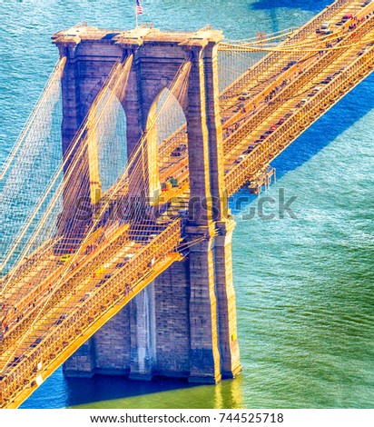 Aerial view of Brooklyn Bridge in New York City.