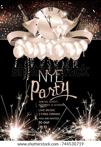 New year eve celebration invitation card with christmas deco elements and sparklers. Vector illustration