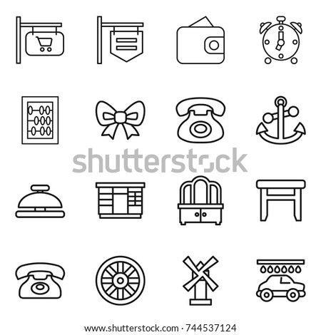 thin line icon set : shop signboard, wallet, alarm clock, abacus, bow, phone, anchor, service bell, wardrobe, dresser, stool, wheel, windmill, car wash