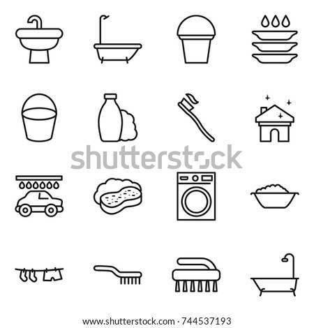 thin line icon set : sink, bath, bucket, plate washing, shampoo, tooth brush, house cleaning, car wash, sponge with foam, machine, basin, drying clothe