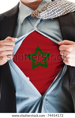 Business man showing Morocco flag shirt