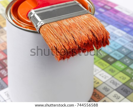 Paint can, paint brush and color swatch
