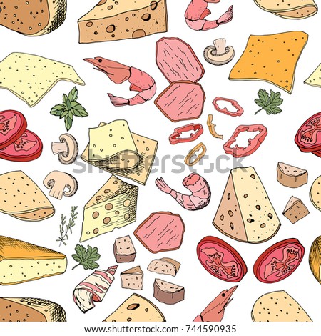 Seamless pattern with pizza and salad ingredients. Endless texture for restaurant and cafe menu, design,decoration.