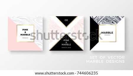 Set of trendy geometric card or flyer designs wiht contrast shapes, marble textures, gold frames and space for text. Vector illustration.