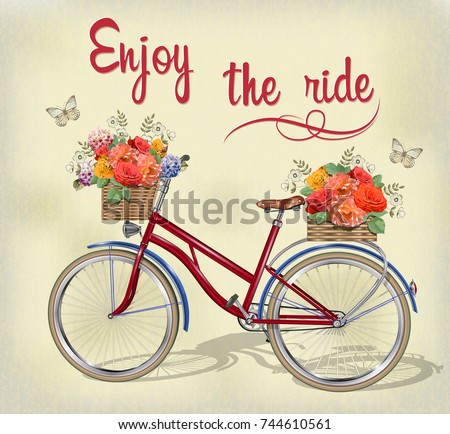 Vintage background with bicycle, roses and  butterflies. 