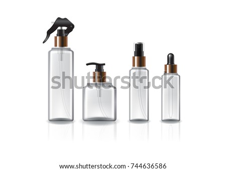 Set of 4 heads/sizes square cosmetic bottle with copper ring for beauty, healthy product. Isolated on white background with reflection shadow. Ready to use for package design. Vector illustration.