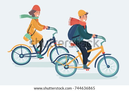 Vector cartoon illustration of man and woman riding on bicycles. Couple dressed in a coat, and scarf. Way to work. Ecology. Healthy lifestyle. Character on isolated background.